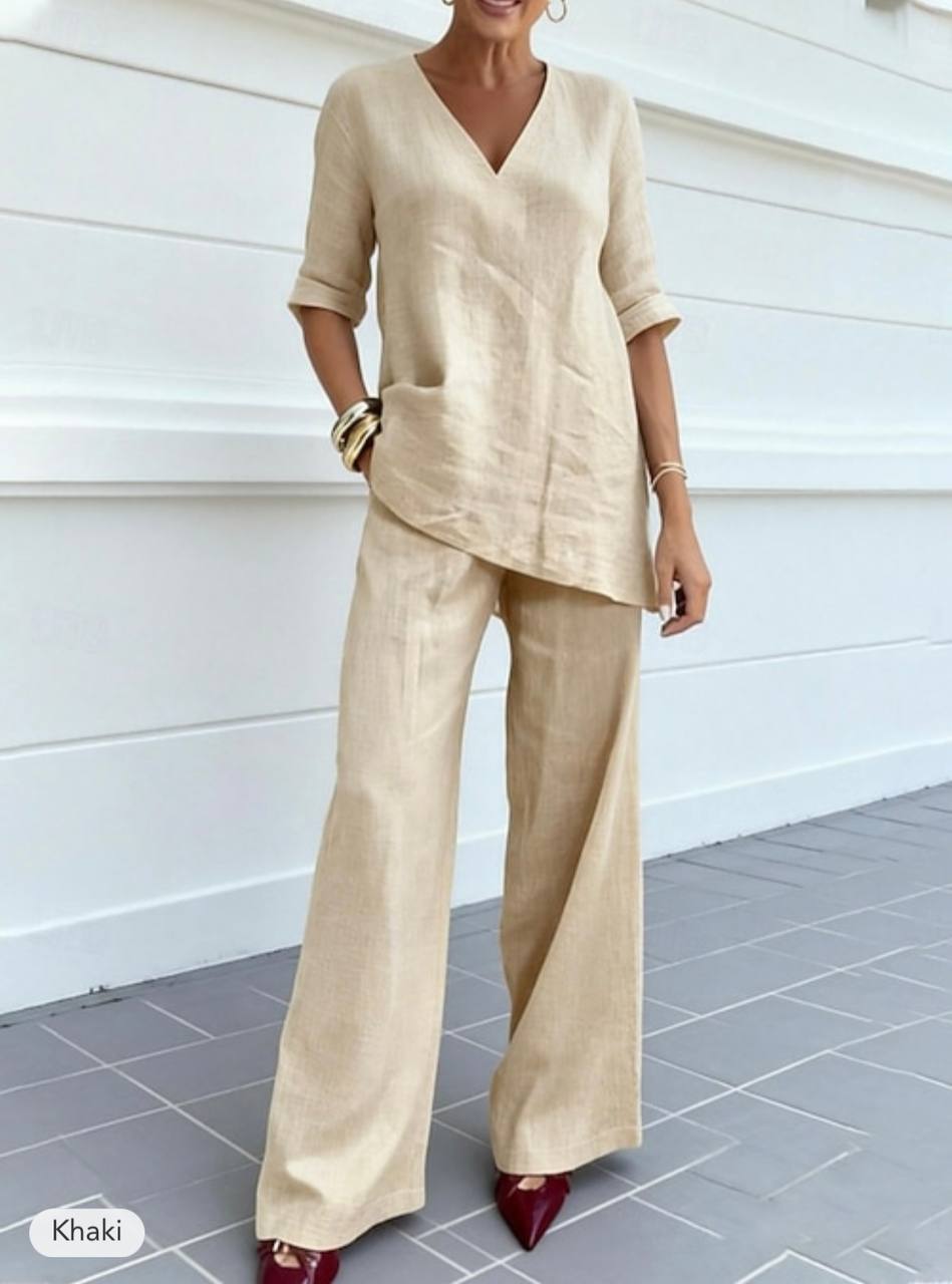 Women's Two Piece Sets V Neck Half Sleeve Top And Pants Sets