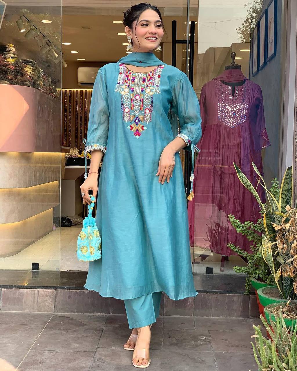 EXCLUSIVE DESIGNER HEAVY COTTON WITH EMBROIDERY MIRROR WORK SUIT