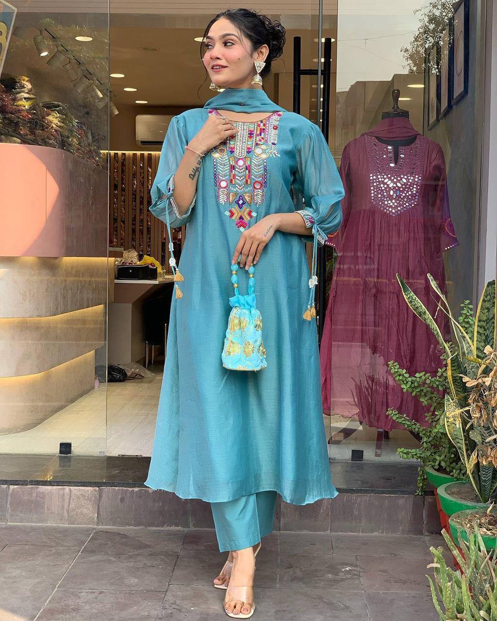 EXCLUSIVE DESIGNER HEAVY COTTON WITH EMBROIDERY MIRROR WORK SUIT