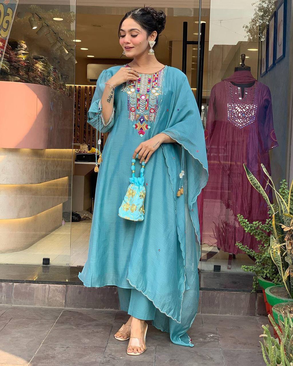 EXCLUSIVE DESIGNER HEAVY COTTON WITH EMBROIDERY MIRROR WORK SUIT