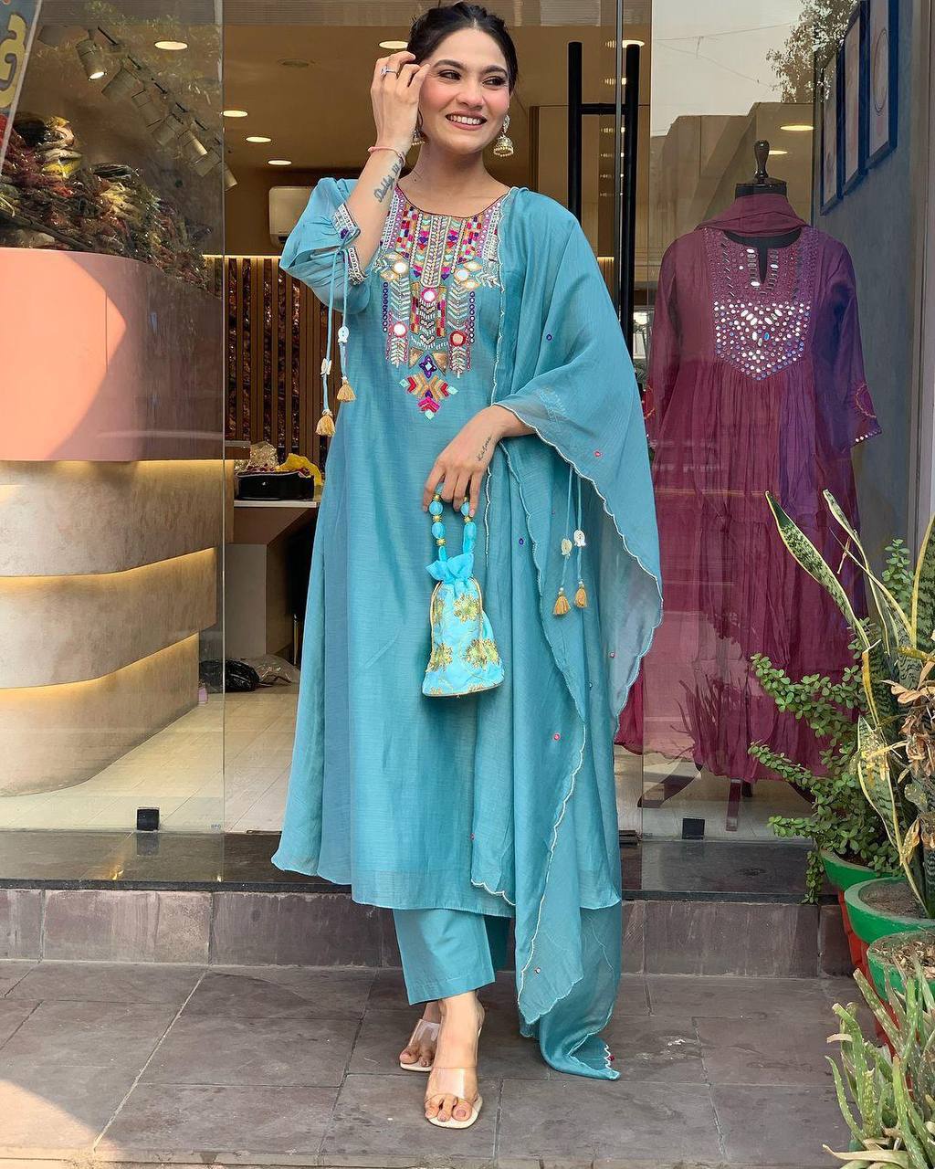 EXCLUSIVE DESIGNER HEAVY COTTON WITH EMBROIDERY MIRROR WORK SUIT