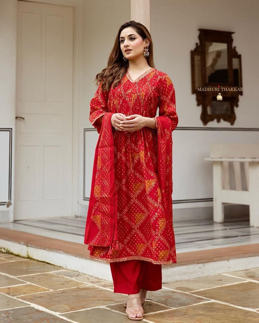 Red Bandhani Muslin A Line Festive Suit