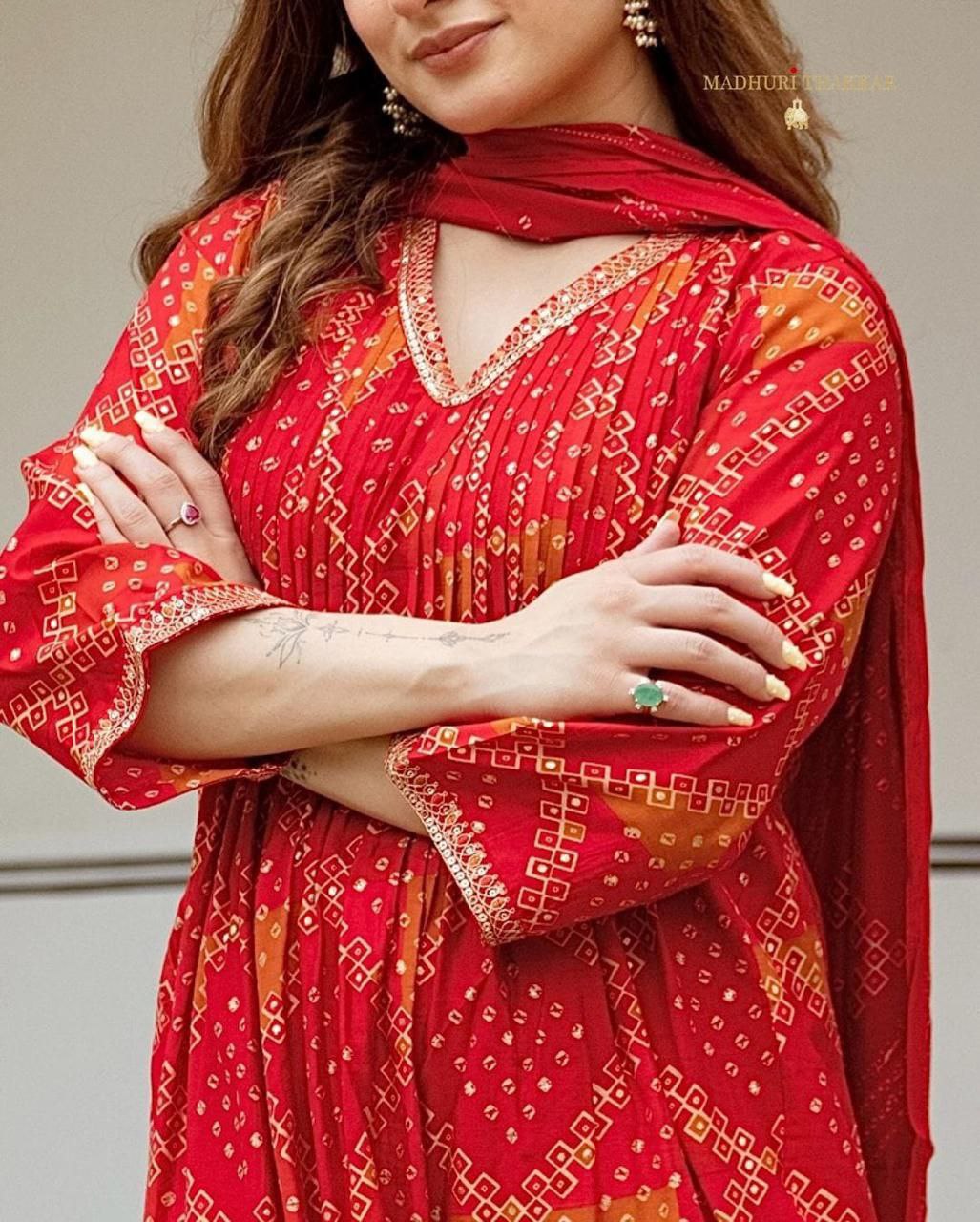 Red Bandhani Muslin A Line Festive Suit