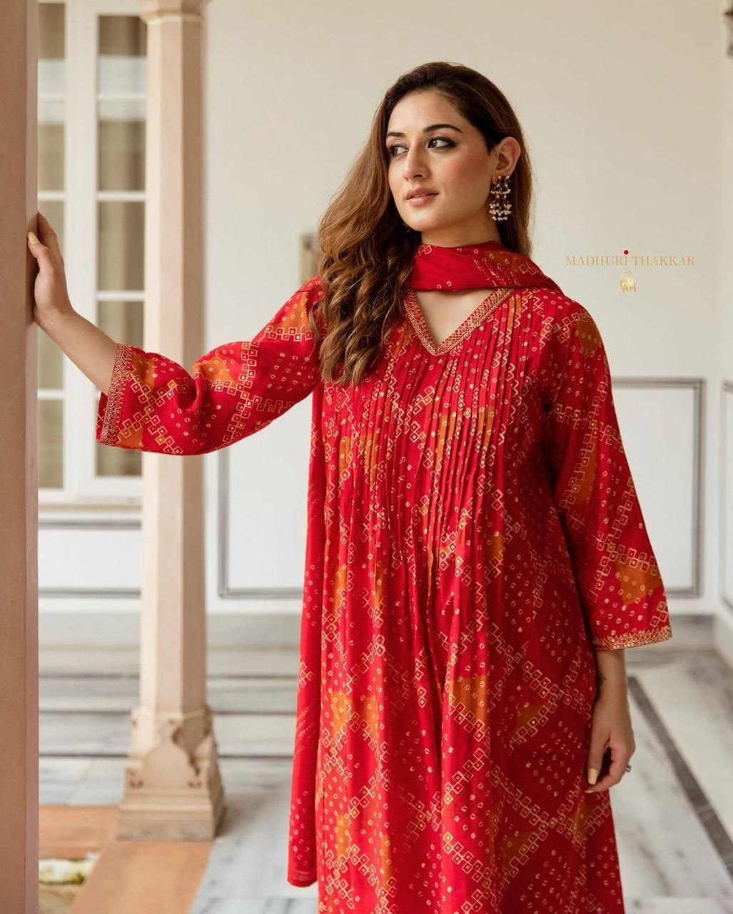 Red Bandhani Muslin A Line Festive Suit