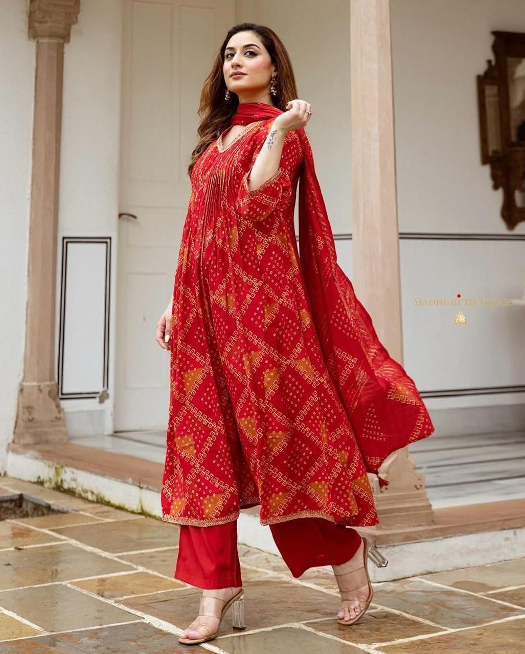 Red Bandhani Muslin A Line Festive Suit