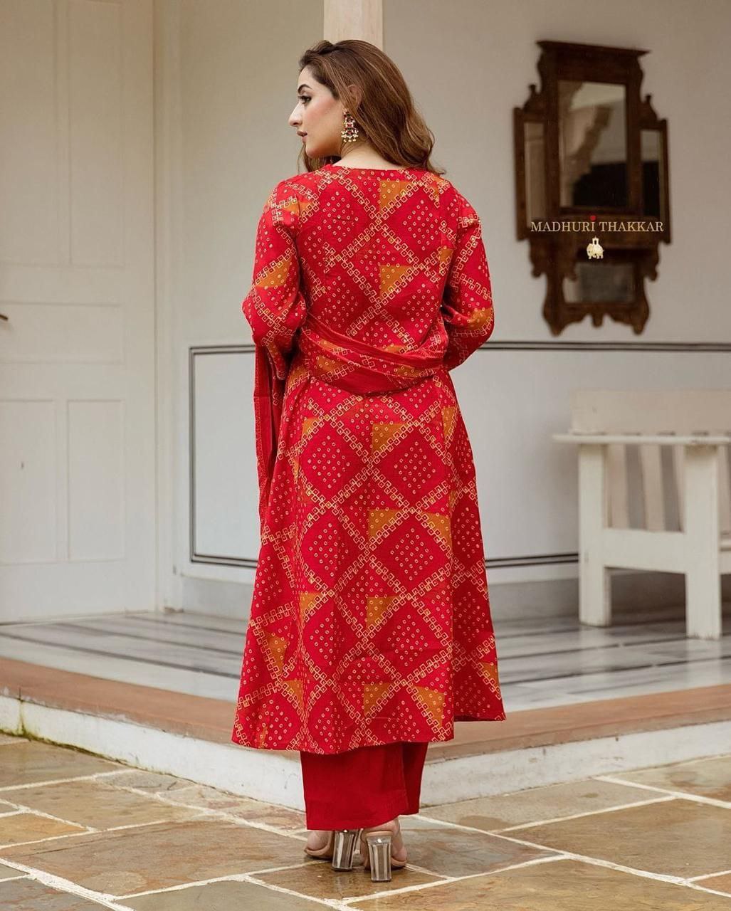 Red Bandhani Muslin A Line Festive Suit