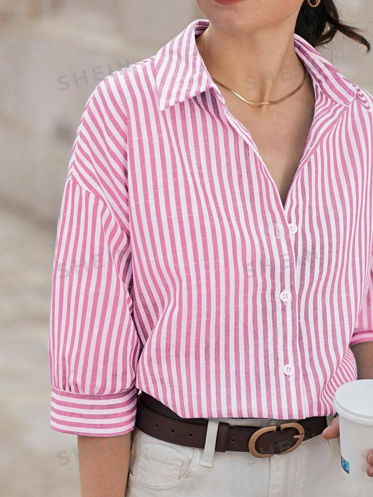 Women Drop Shoulder Long Sleeve Striped Shirt