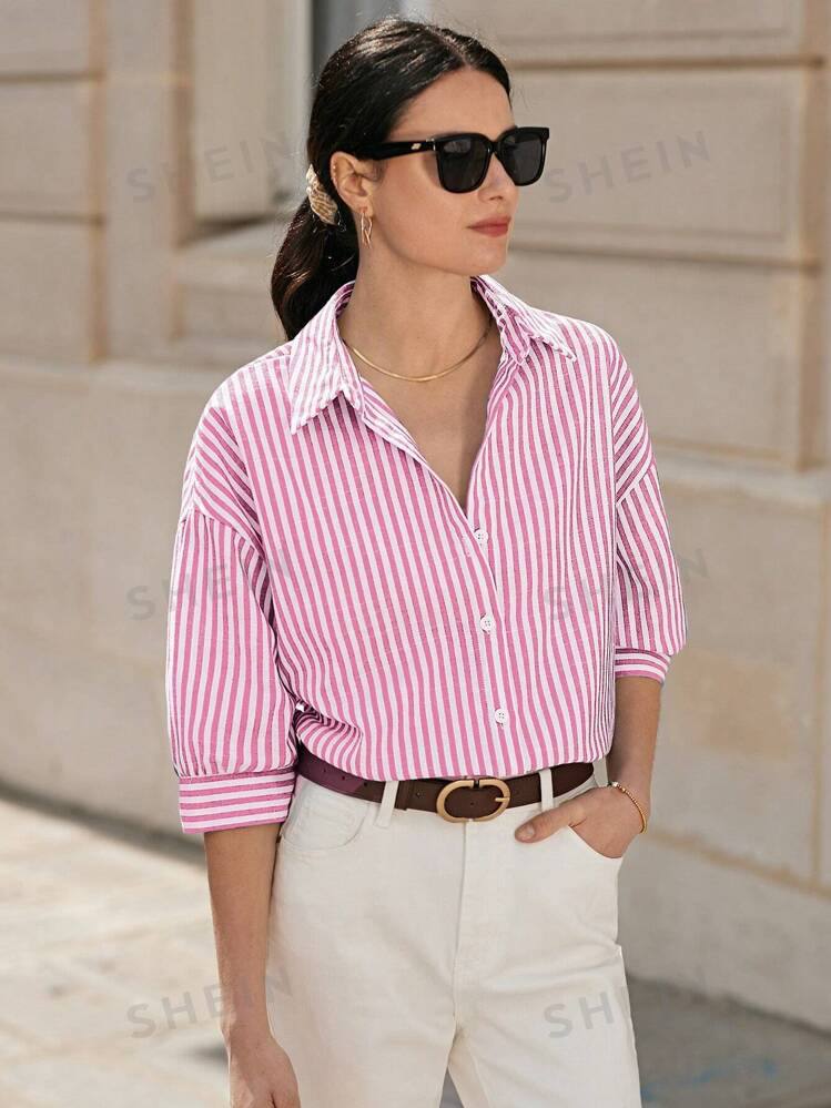 Women Drop Shoulder Long Sleeve Striped Shirt