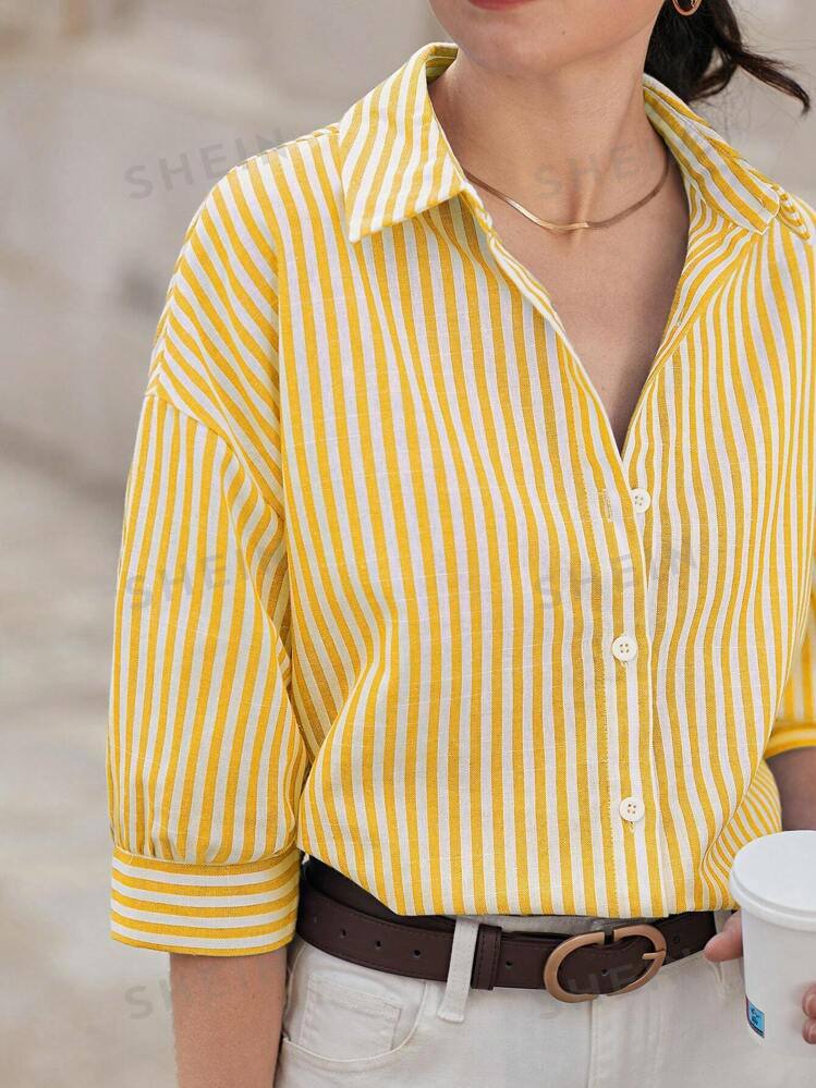 Women Drop Shoulder Long Sleeve Striped Shirt