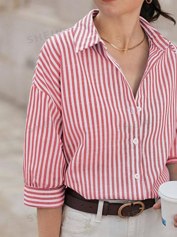 Women Drop Shoulder Long Sleeve Striped Shirt