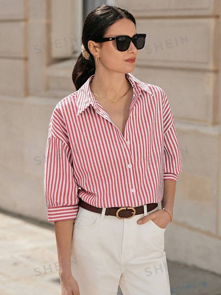 Women Drop Shoulder Long Sleeve Striped Shirt