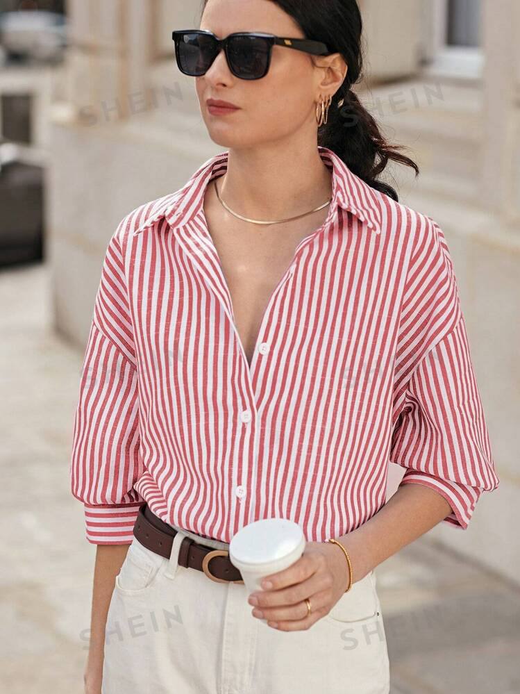 Women Drop Shoulder Long Sleeve Striped Shirt