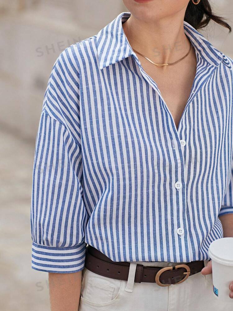 Women Drop Shoulder Long Sleeve Striped Shirt