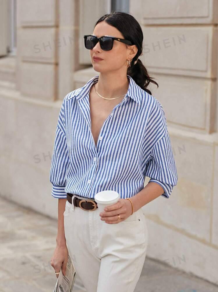 Women Drop Shoulder Long Sleeve Striped Shirt