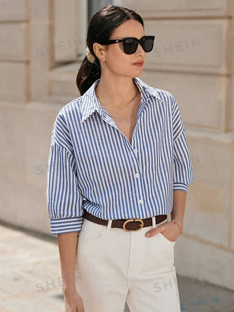 Women Drop Shoulder Long Sleeve Striped Shirt