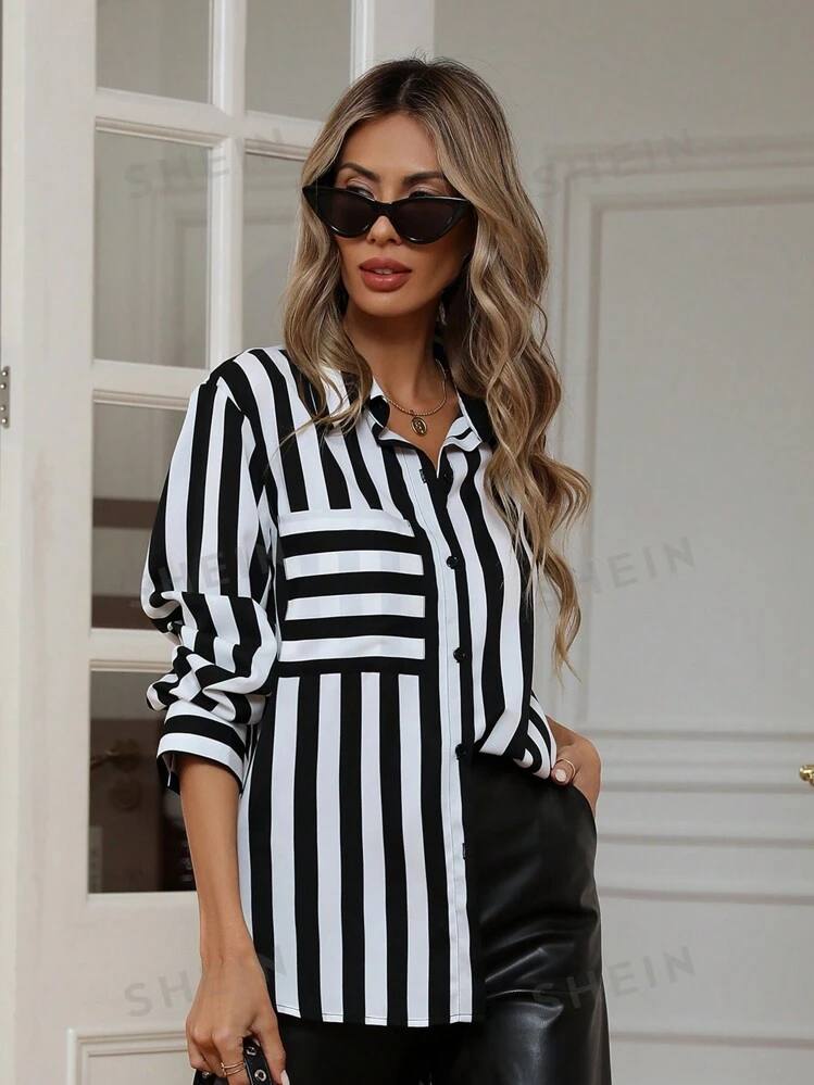 New Loose Fit Long Sleeve Women Printed Striped Shirt