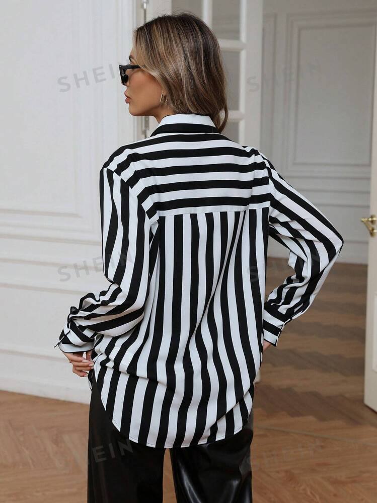 New Loose Fit Long Sleeve Women Printed Striped Shirt