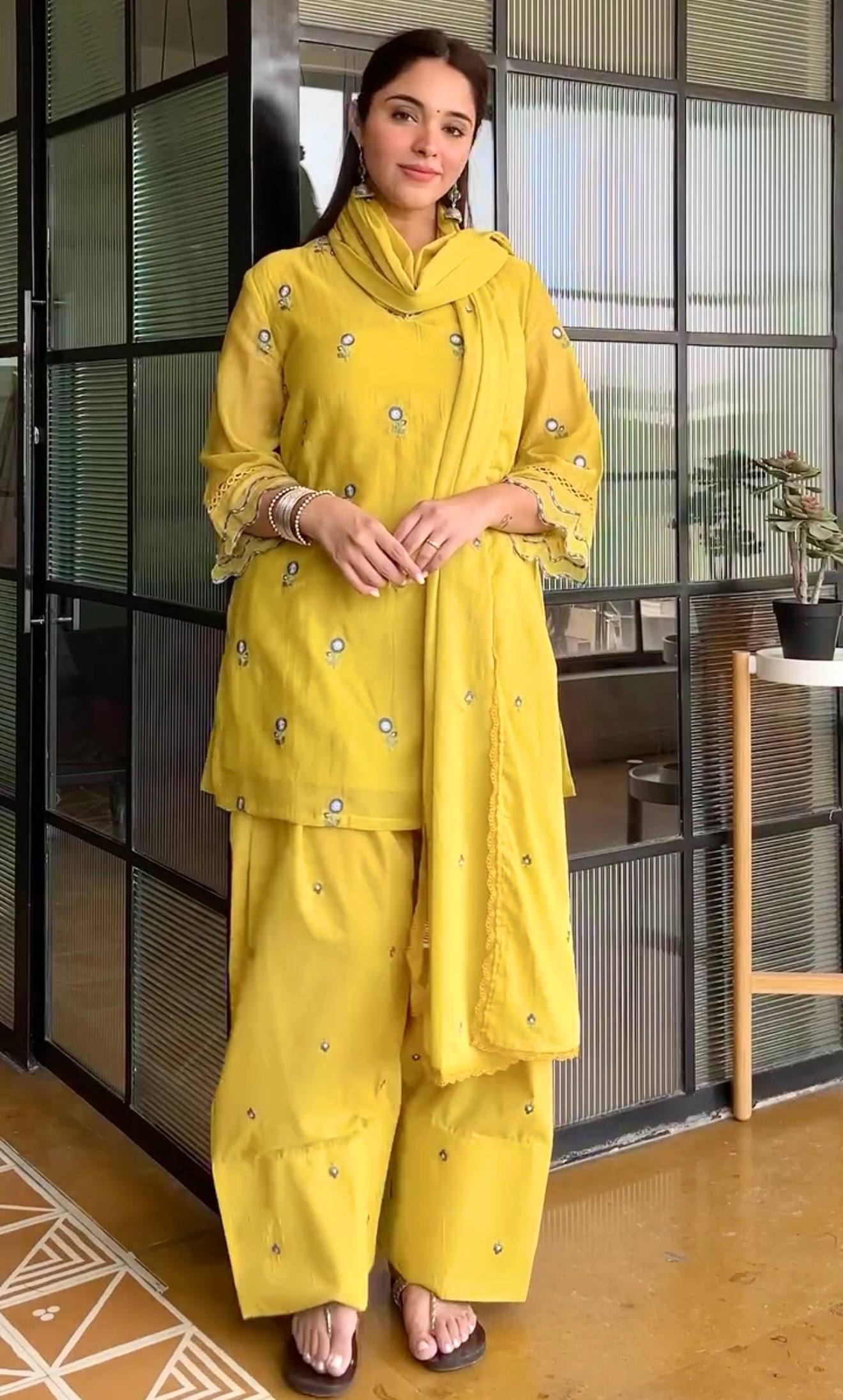 Mustard Yellow Floral Embroidered Kurta Palazzo Set