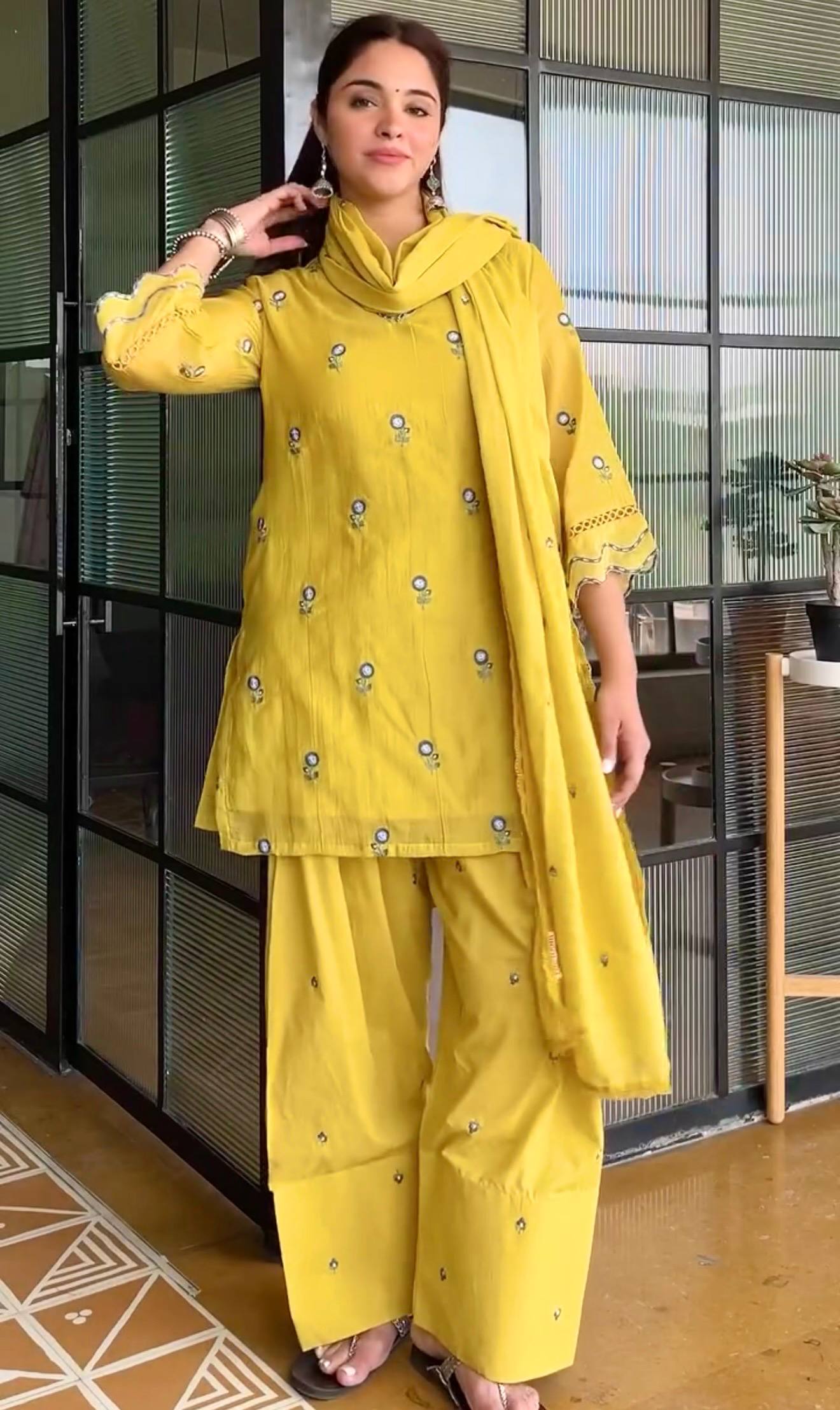 Mustard Yellow Floral Embroidered Kurta Palazzo Set