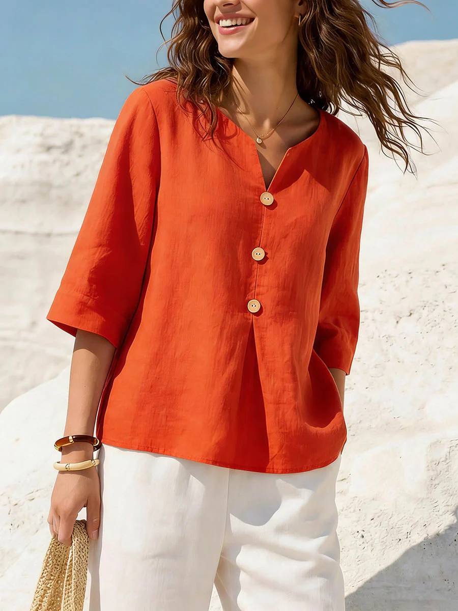 Women Solid Color V-Neck 3/4 Sleeve Cotton Top