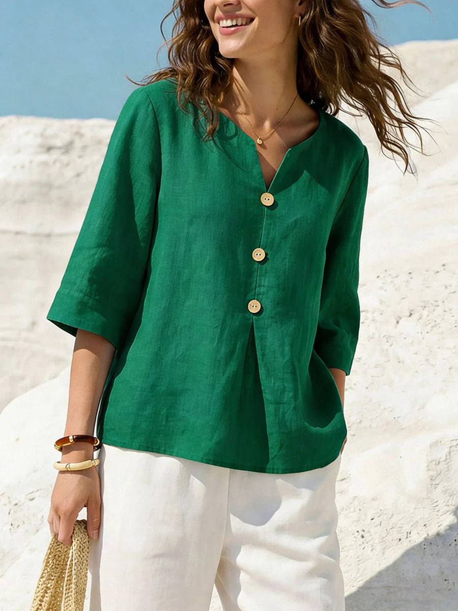Women Solid Color V-Neck 3/4 Sleeve Cotton Top