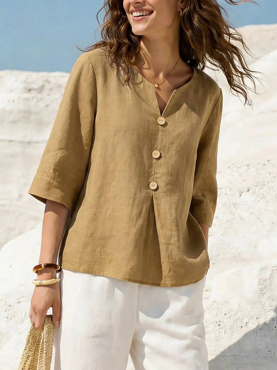 Women Solid Color V-Neck 3/4 Sleeve Cotton Top