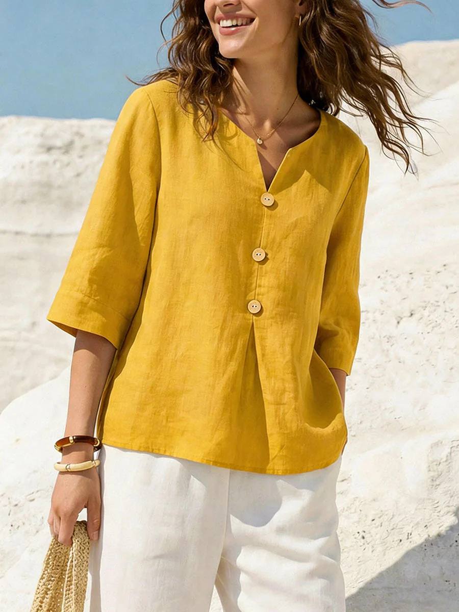 Women Solid Color V-Neck 3/4 Sleeve Cotton Top