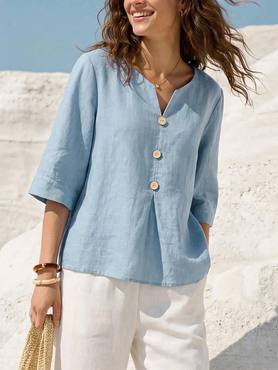 Women Solid Color V-Neck 3/4 Sleeve Cotton Top