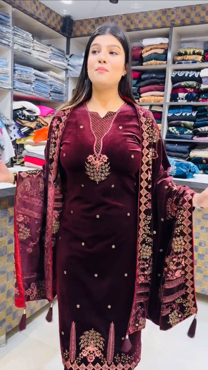 NEW DESIGNER STYLE VELVET EMBROIDERY WORK SUIT PANT WITH DUPATTA