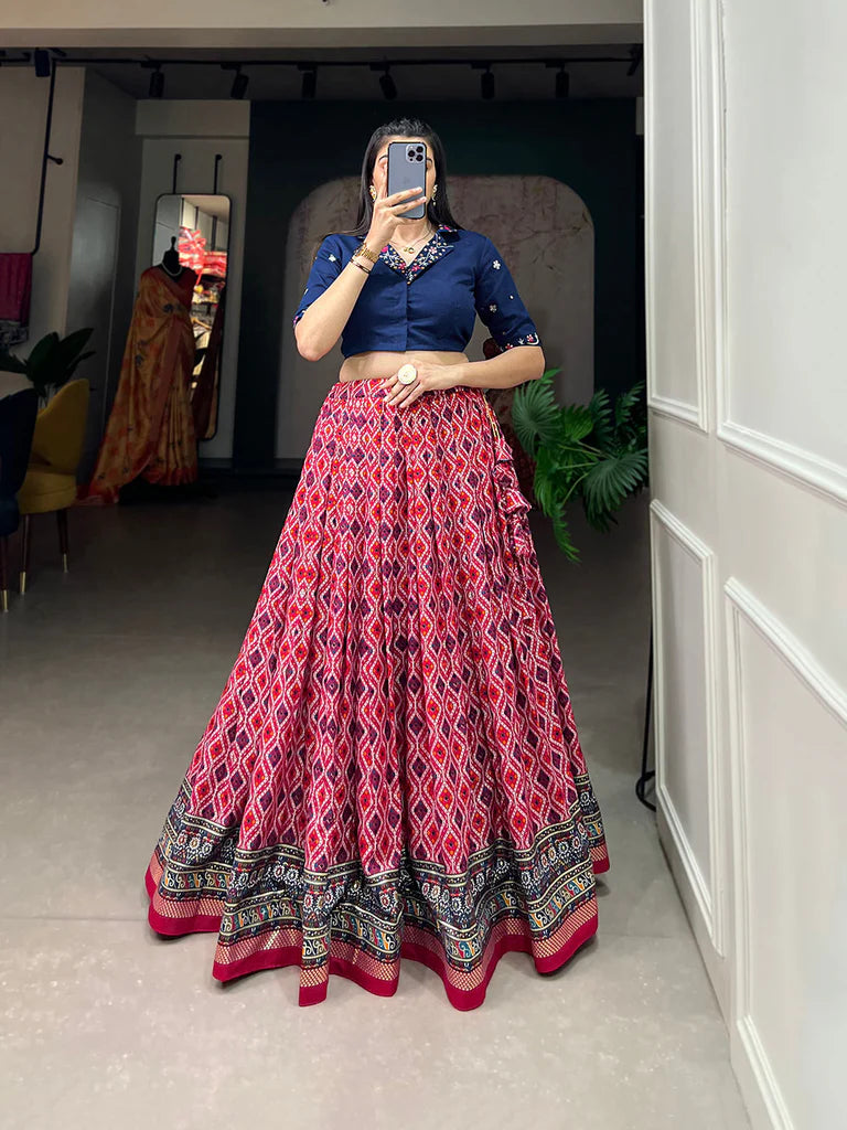 Blue Color Patola With Foil Print Rayon Cotton Co-ord Set Lehenga Choli