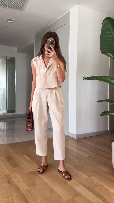 Casual Solid Lapel Vest & Pants Cotton Linen Two-piece Set