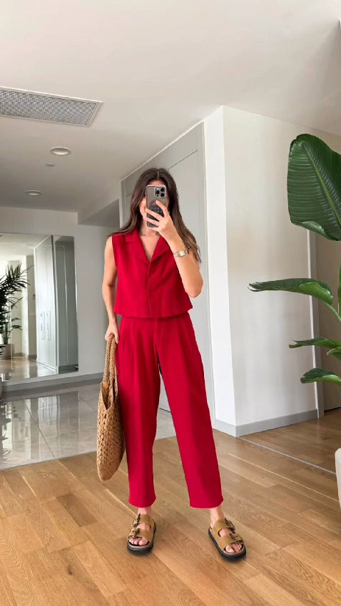 Casual Solid Lapel Vest & Pants Cotton Linen Two-piece Set