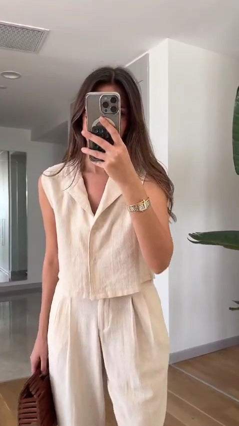 Casual Solid Lapel Vest & Pants Cotton Linen Two-piece Set