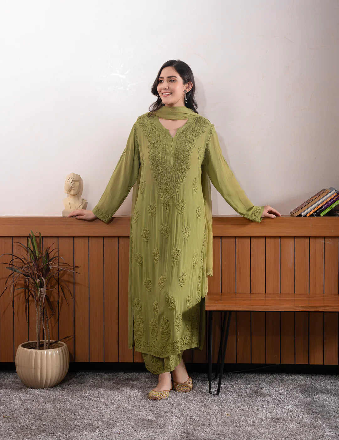 Elegant Olive Green Floral Embroidered Kurta Pant Set with Dupatta