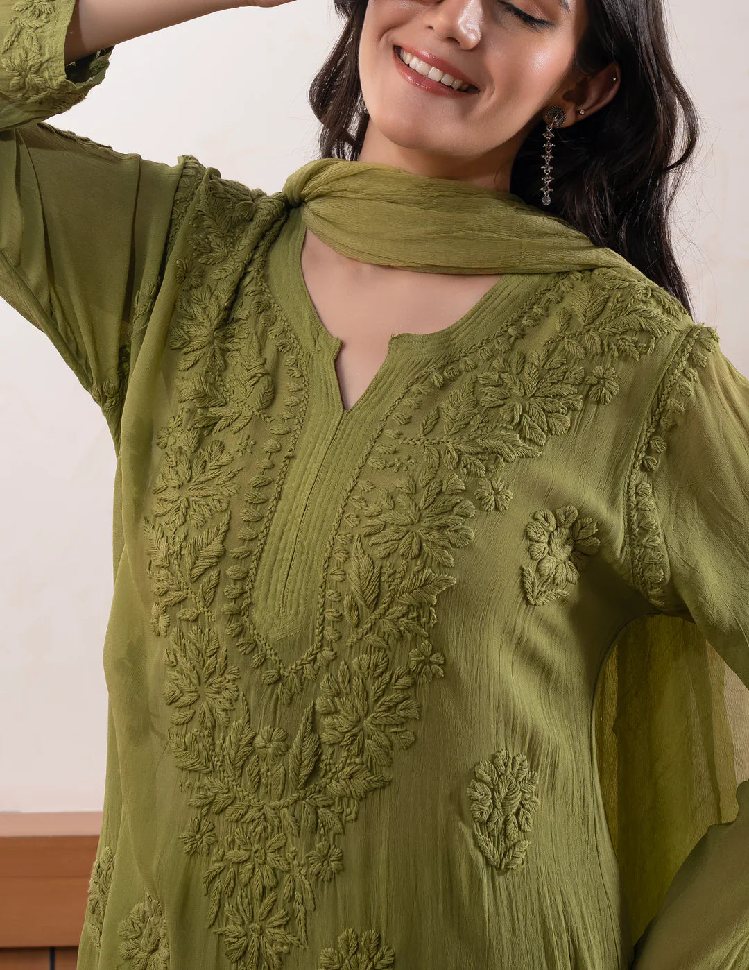 Elegant Olive Green Floral Embroidered Kurta Pant Set with Dupatta