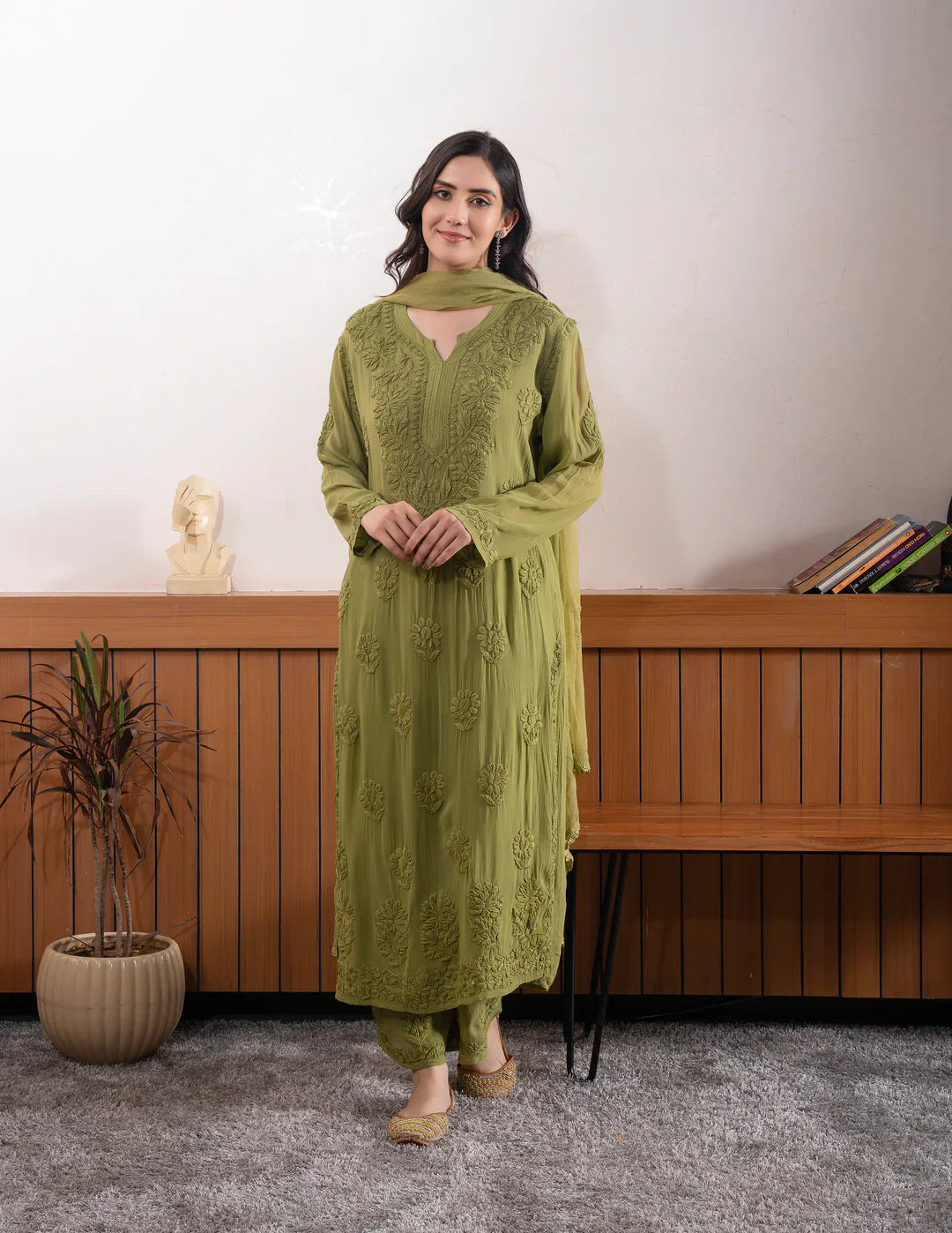 Elegant Olive Green Floral Embroidered Kurta Pant Set with Dupatta